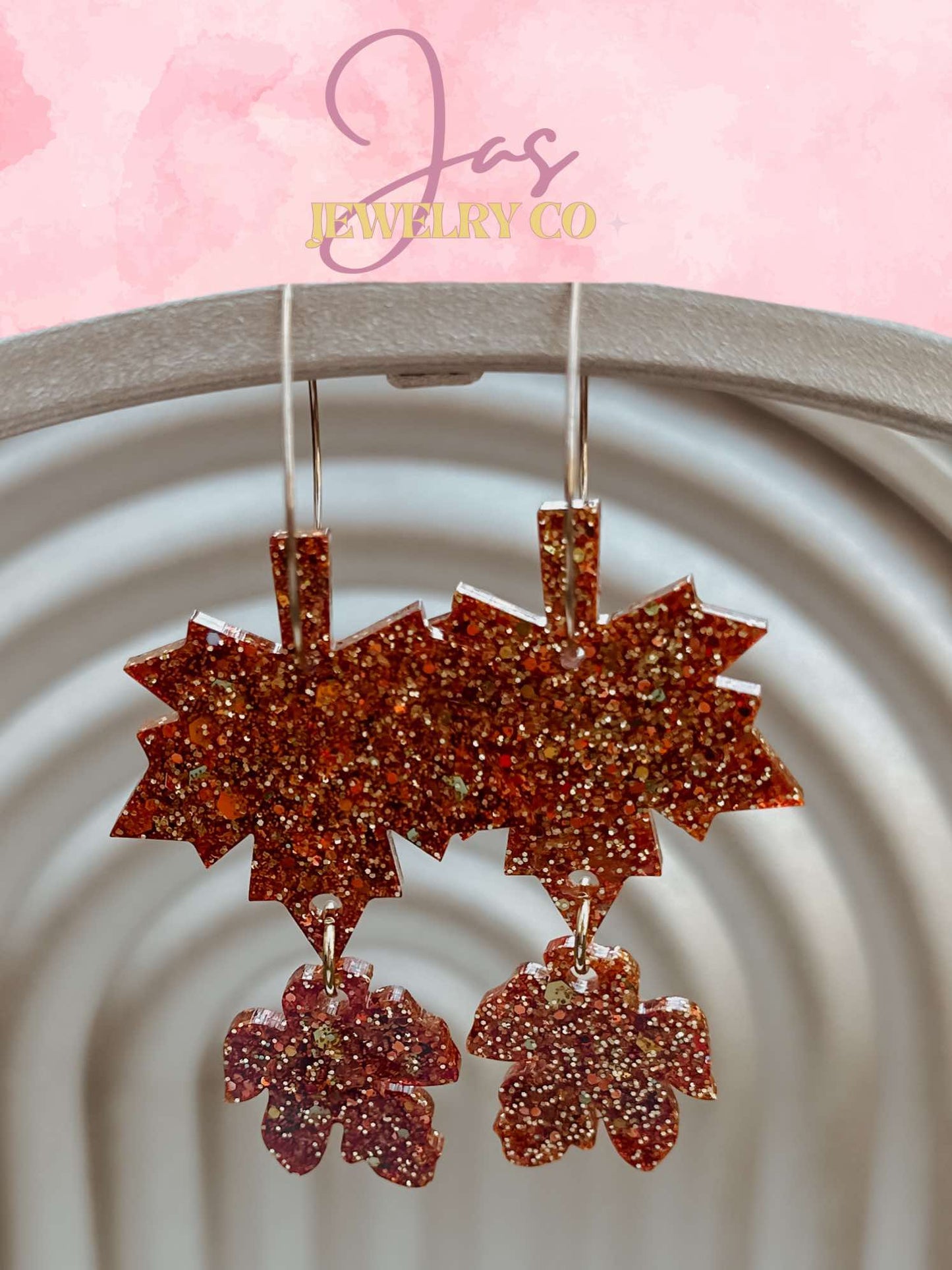 Rust Glitter Leaf Drop on Gold Hook Earrings