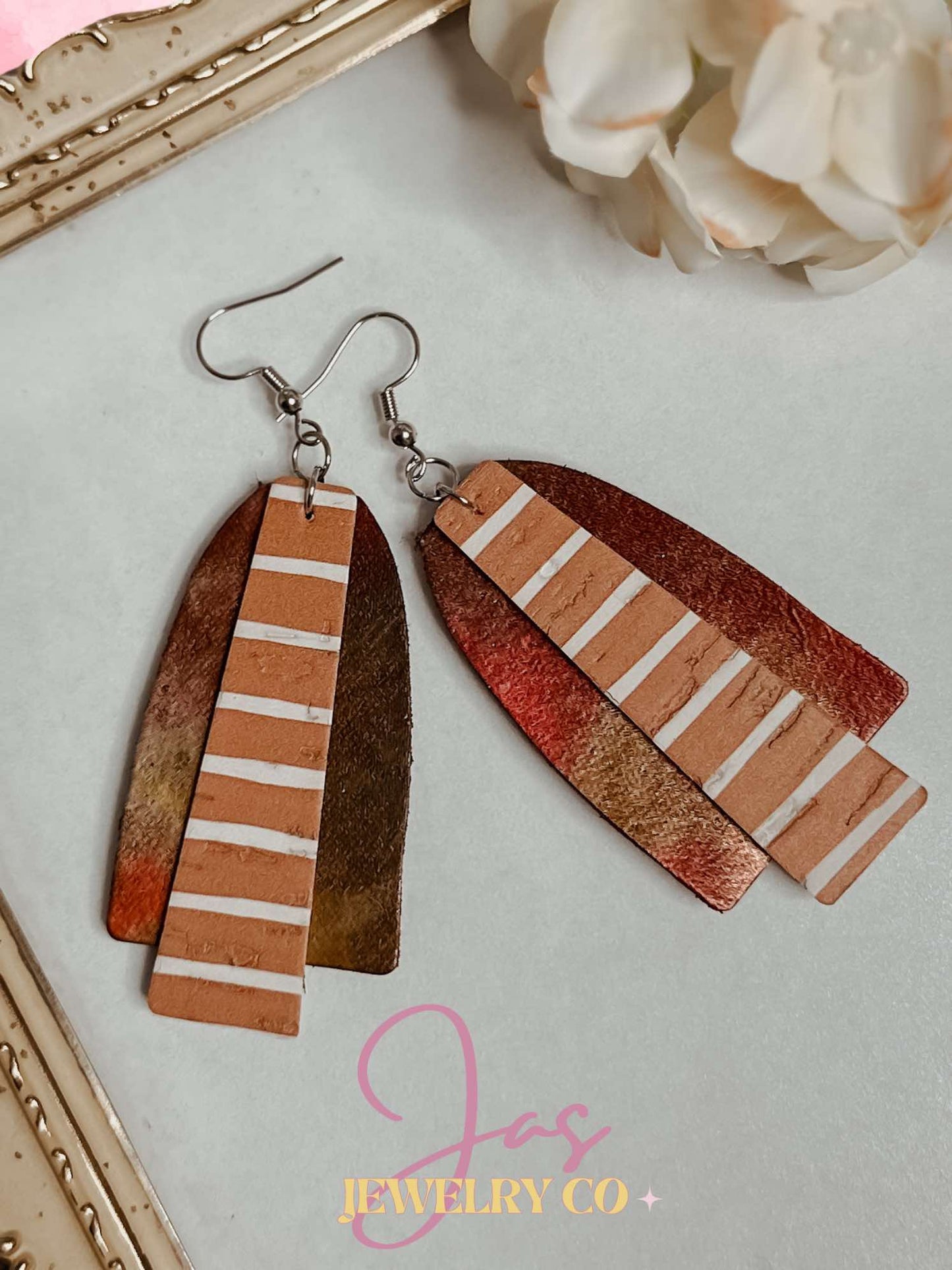 Genuine Leather Blush Mix Arch and Striped Cork Earrings