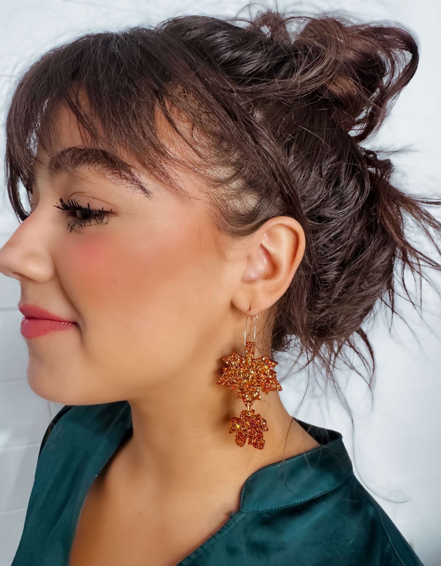 Rust Glitter Leaf Drop on Gold Hook Earrings