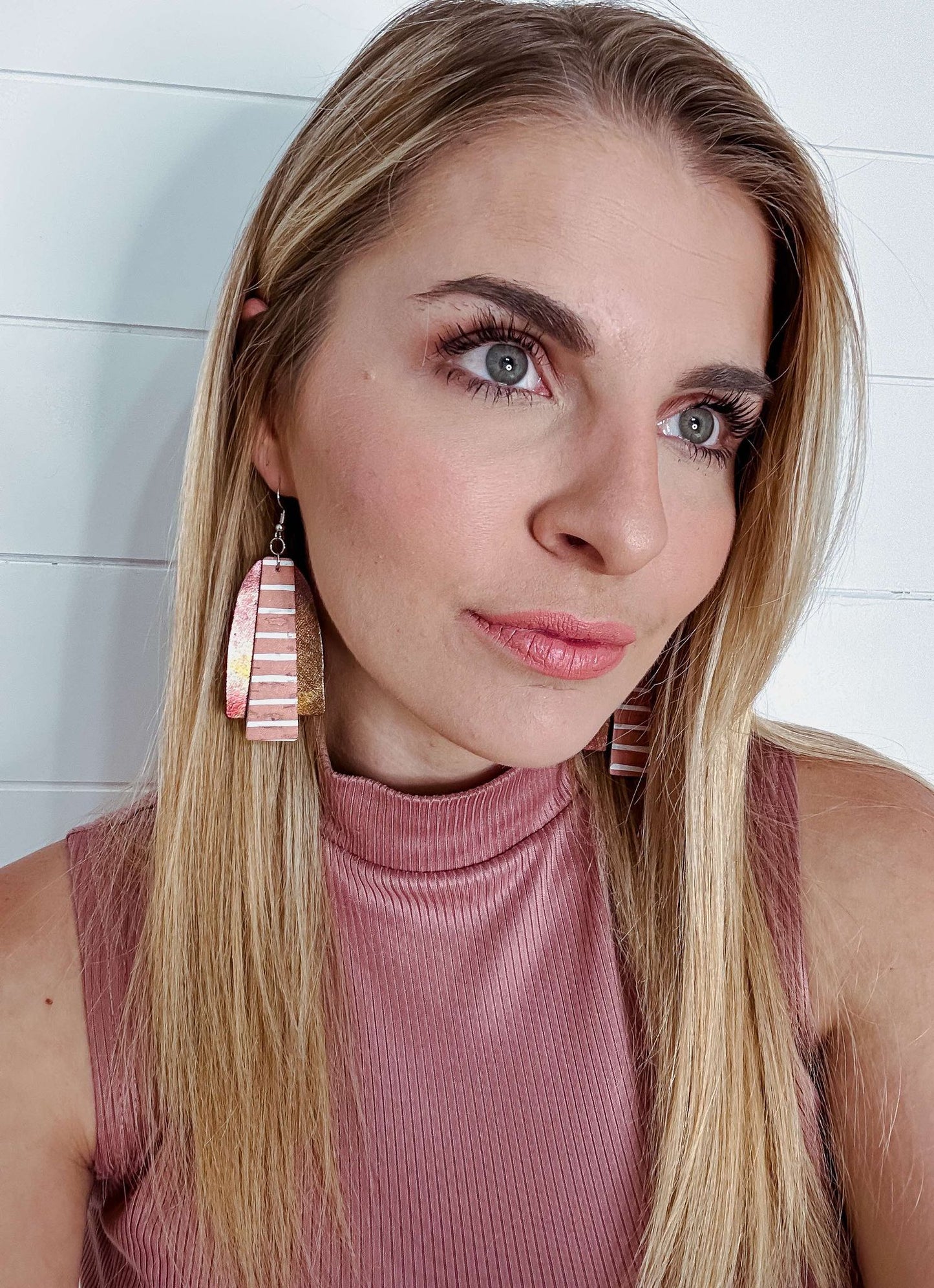 Genuine Leather Blush Mix Arch and Striped Cork Earrings