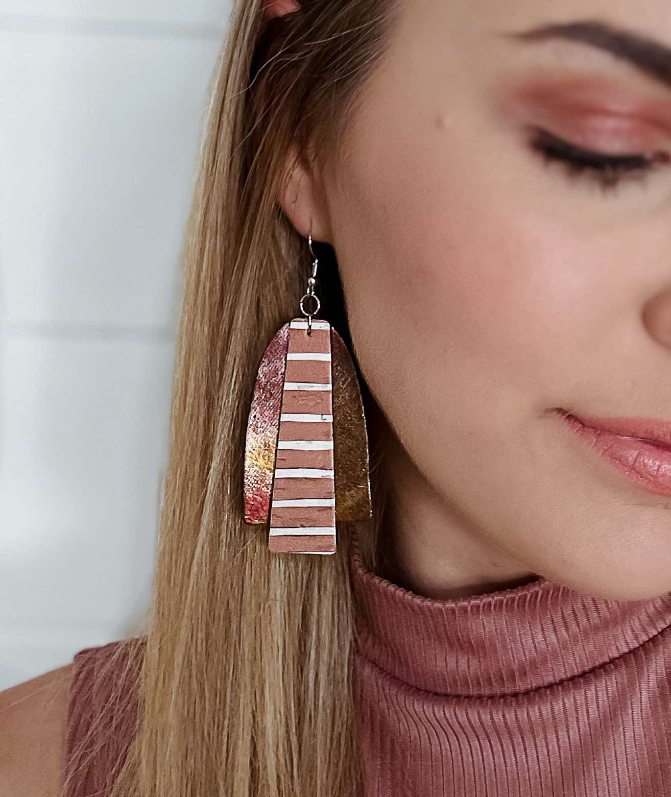 Genuine Leather Blush Mix Arch and Striped Cork Earrings