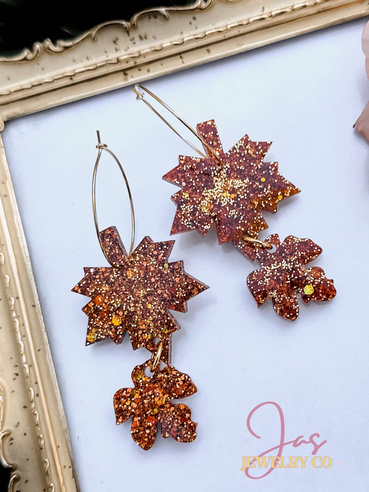 Rust Glitter Leaf Drop on Gold Hook Earrings