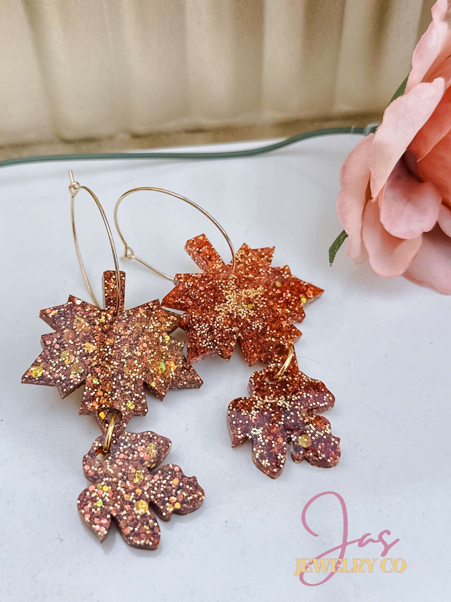 Rust Glitter Leaf Drop on Gold Hook Earrings