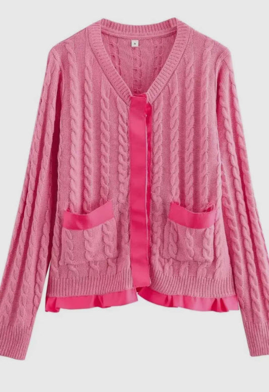 Double Pink Detailed Cardigan Sweater