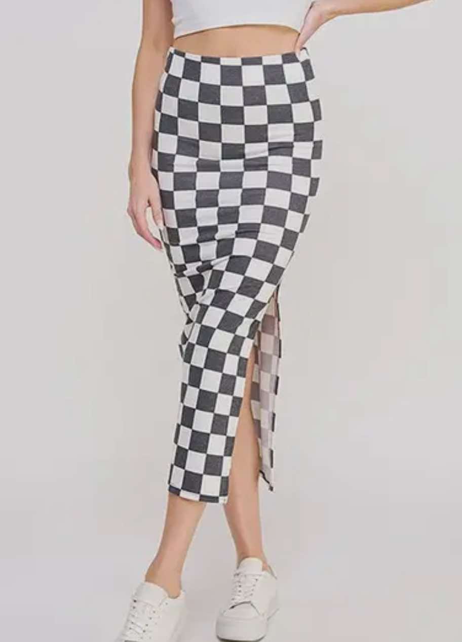 Hi-Waist Checkered Midi Pencil Skirt w/ Side Slit ALL SIZES