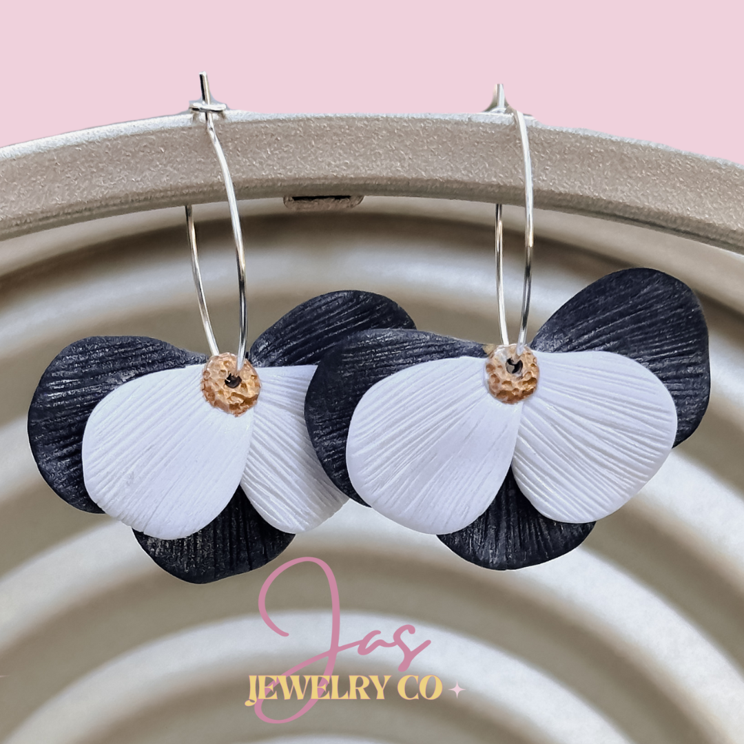 Black and White Flower Petal Clay Earrings on Silver Hoop Earrings