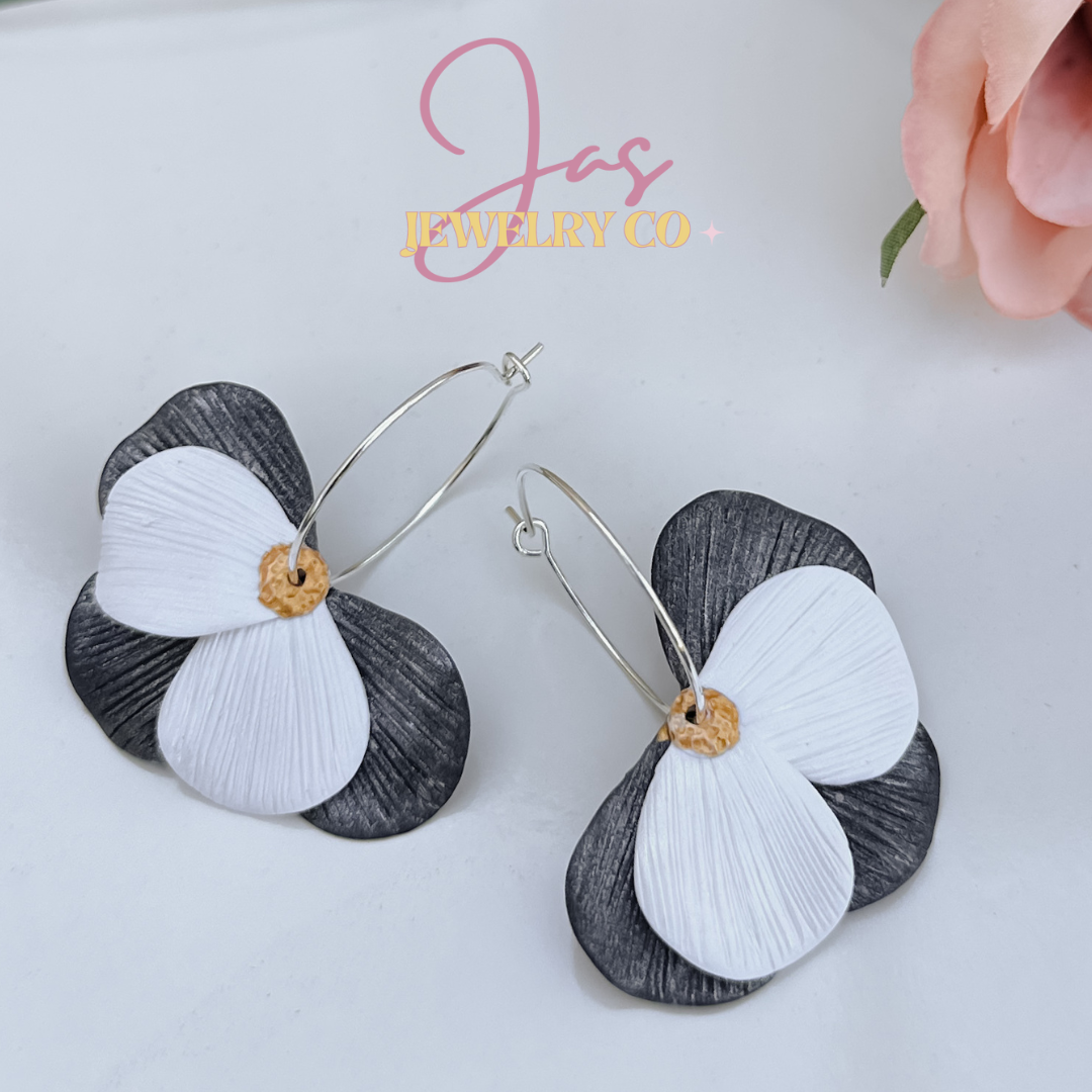 Black and White Flower Petal Clay Earrings on Silver Hoop Earrings