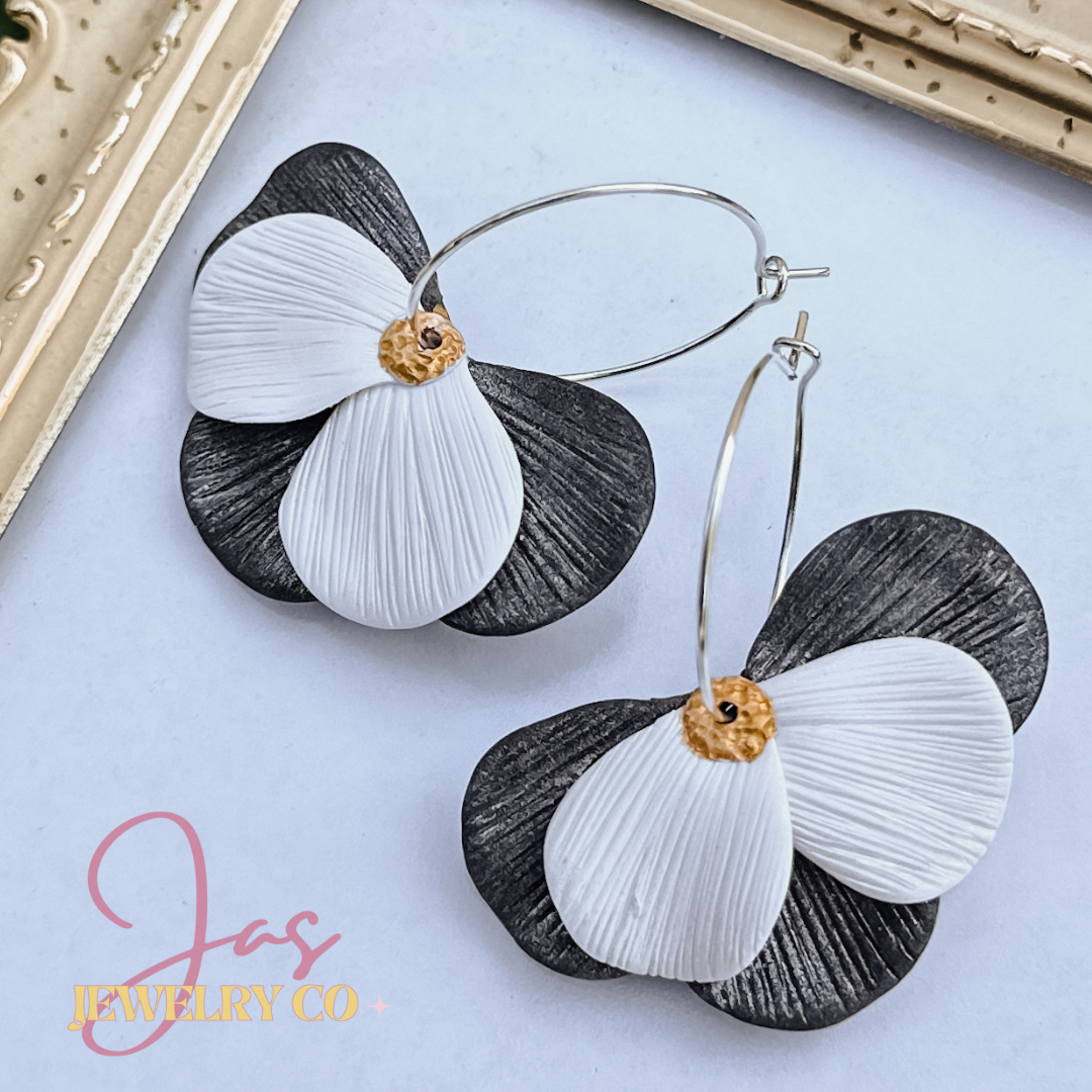 Black and White Flower Petal Clay Earrings on Silver Hoop Earrings