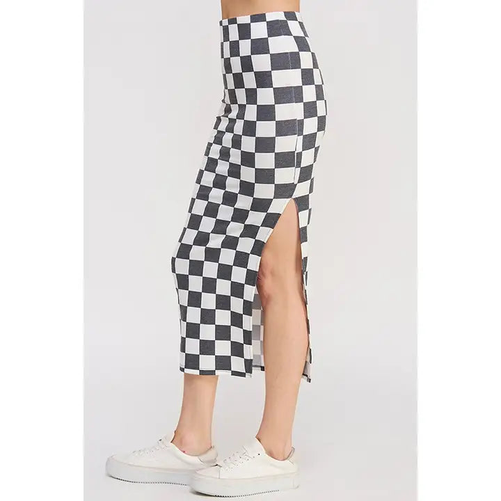 Hi-Waist Checkered Midi Pencil Skirt w/ Side Slit ALL SIZES